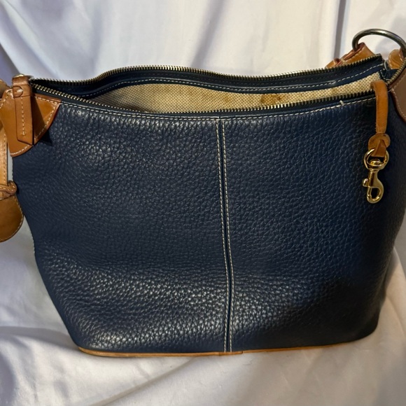 Dooney & Bourke Handbags - Dooney & Bourke Pebbled Leather Shoulder Bag in Navy Blue and Tan